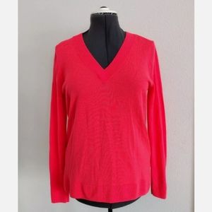 HALOGEN® Merino Wool Blend V-Neck Sweater Neon Orange Lightweight Knit